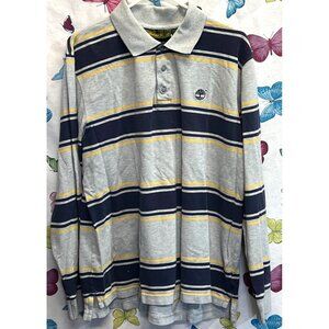 Timberland Long Sleeve Striped Polo Shirt Gray Navy Mens Medium Cotton